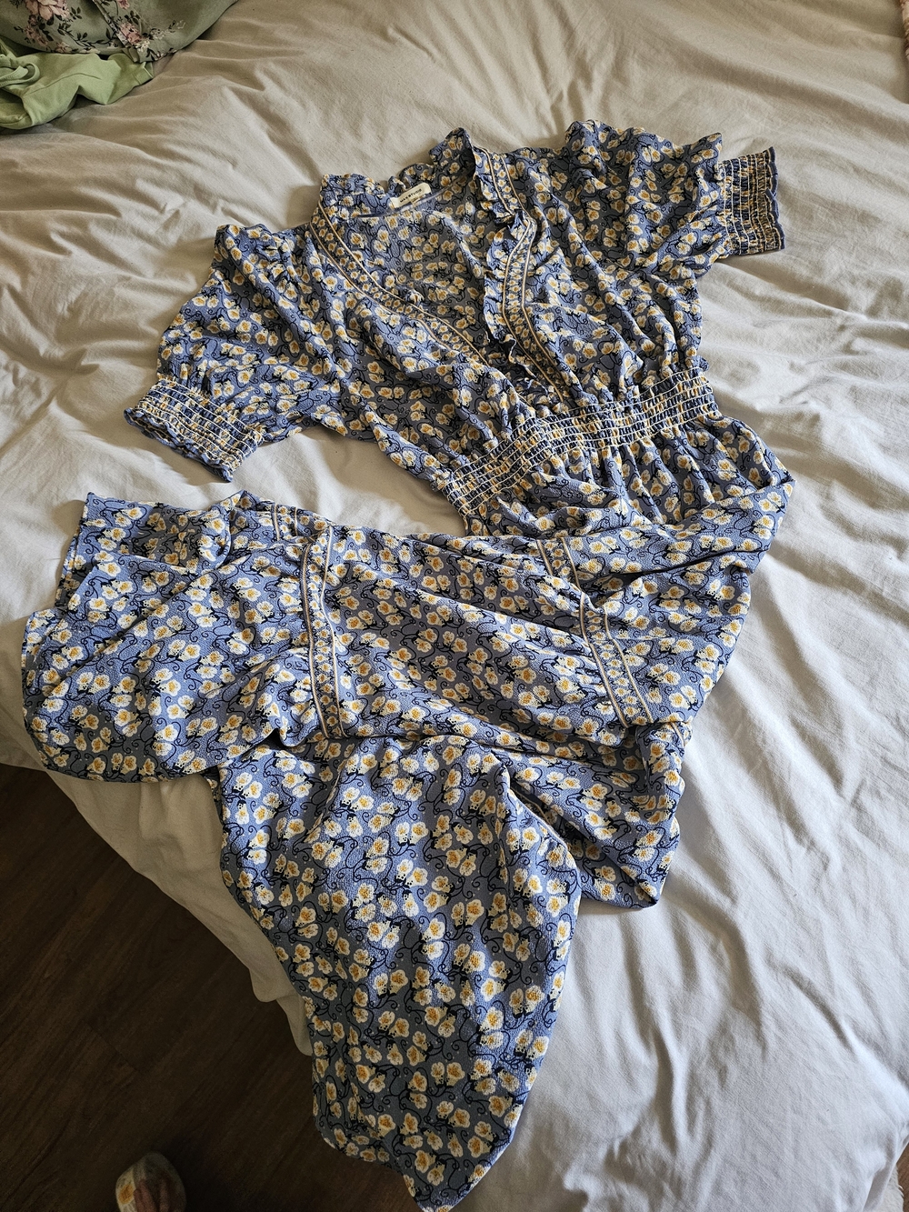 Max Studio Blue and Yellow Floral Smocked Waist Dress